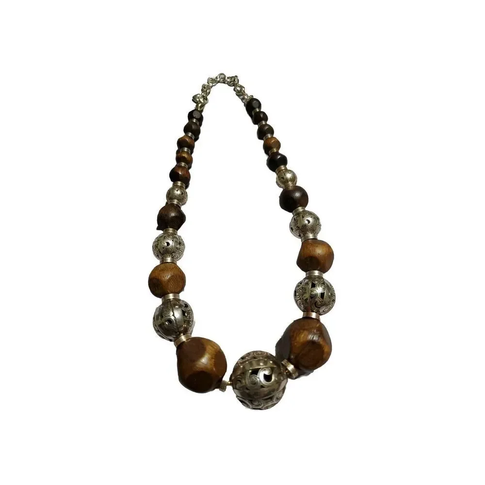 Brighton Choker Necklace Silver Filigree Brown Wood Graduated Bead BOHO Kismet